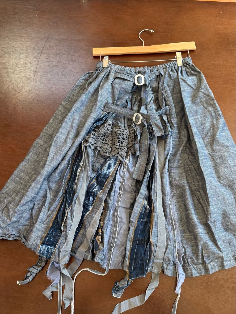 Gray A-Line Cotton Midi Skirt with Fringe and Crochet Trim
